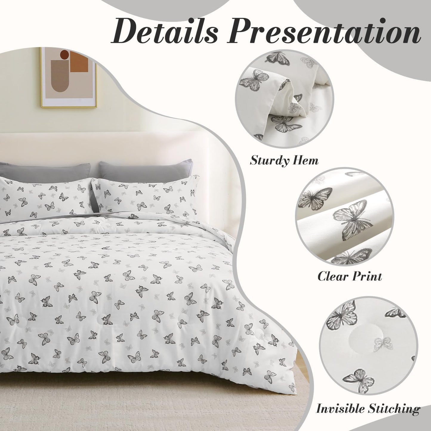 Jameswish 7 Pieces Black Butterfly Comforter Set for Girls Kids Soft Fluffy Bedding Set Full Size Bed in A Bag as Gifts (1 Comforter, 1 Flat Sheet, 1 Fitted Sheet, 2 Pillowcase and 2 Pillow Sham)