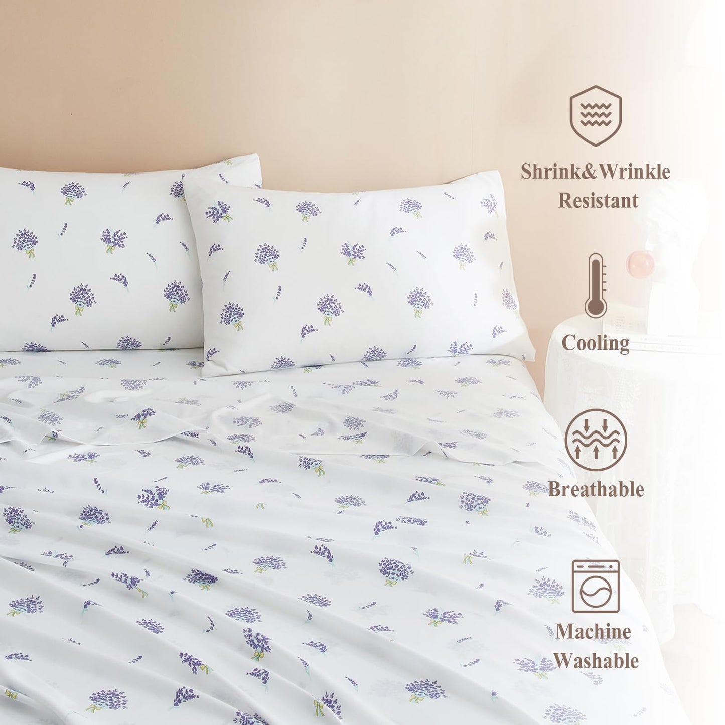 AMWAN Floral California King Size Sheets Set White 4 Piece，Extra Deep Pocket Sheets - Soft Flat Sheet - Cooling Bed Sheets Purple Floral Super Soft with Fitted Sheet,2 Pillowcases Set