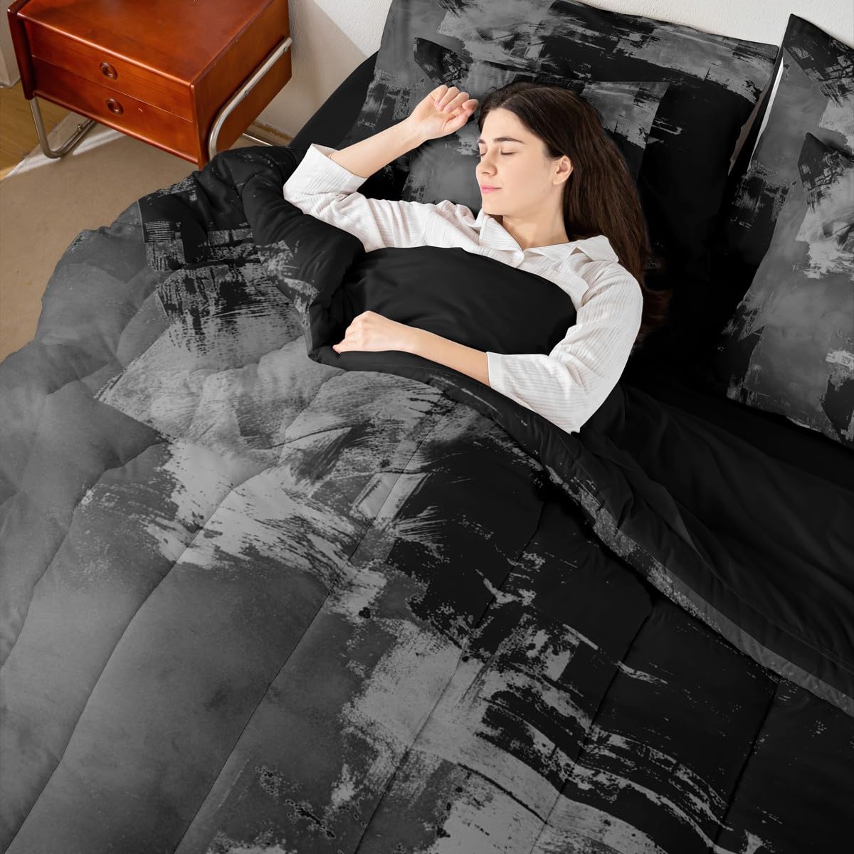 Feelyou Abstract Comforter Set with Sheets 7 Piece King Size Modern Abstract Art Bed in a Bag Kids Boys Girls Luxury Bedding Set Geometric Bedroom Decor Gray and Black Soft Lightweight Microfiber