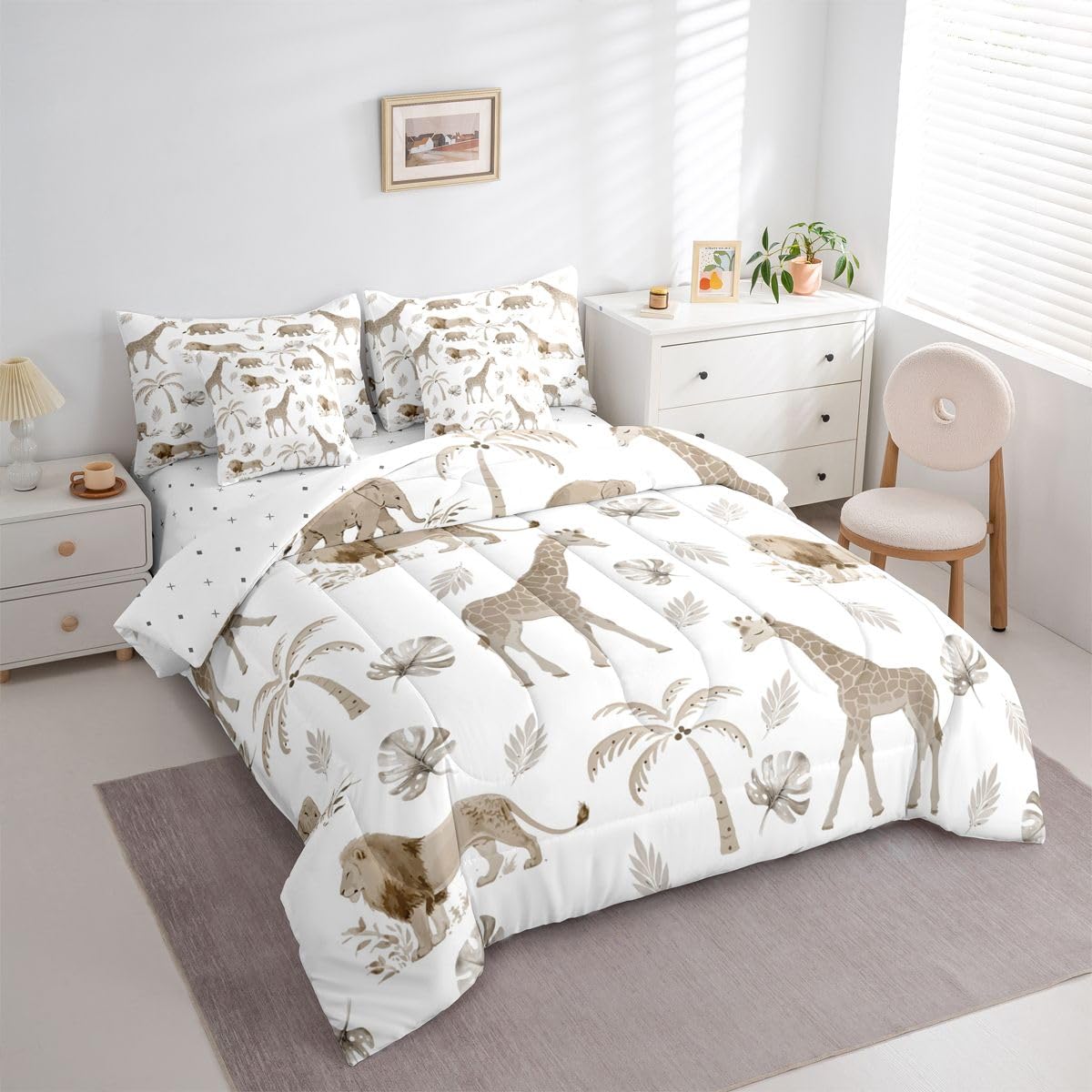 Erosebridal Jungle Animals 7 Piece Bedding Set Twin Elephant Lion Giraffe Animal Comforter Set with Sheets African Bed in A Bag Hunter Brown Wildlife Bed Sets with 2 Pillowcases, 2 Throw Pillow Covers
