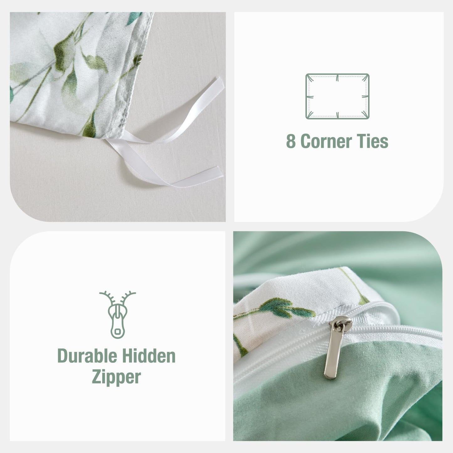 Lekesky Duvet Cover Queen Size, Reversible Botanical Floral Duvet Cover Set with Zipper Closure, 3 Pieces Soft Microfiber Green Bedding Set (1Duvet Cover 90"x90", 2 Pillowcases 20"x26")