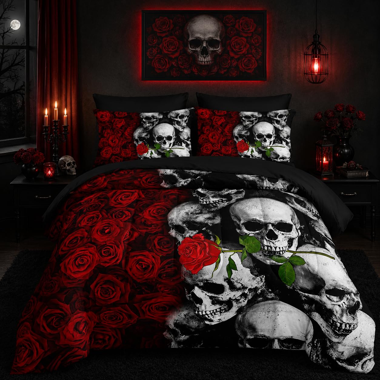 Tuzaovy Black Skull Comforter Set 7 Piece Queen Size Bed in A Bag,Goth Bedding for Room Decor,Soft Western Comforter Boho Hippie Bedding with Fitted Sheet,Flat Sheet, Pillowcases & Shams