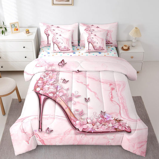 Butterfly High Heels 7Pcs Comforter Set Full Size,Pink Marbling Bedding Sets for Kids Girls Boys,Romantic Floral Bed in a Bag Colorful Stars Fitted Sheet Flat Sheet,2 Throw Pillow 2 Pillowcases