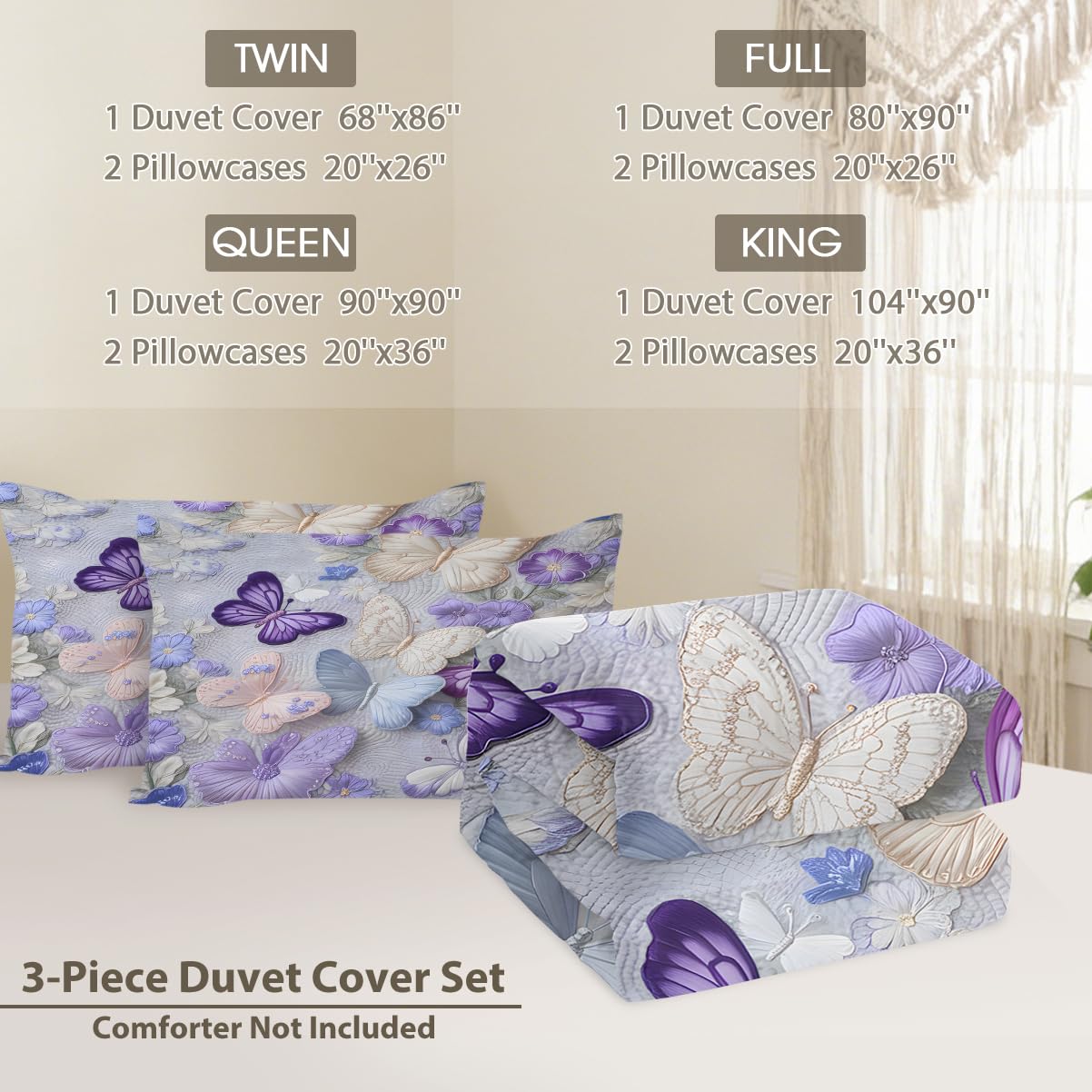 MILANKET Butterfly Floral Duvet Cover Set, Purple and Blue Garden Bedding with Delicate Insect and Flower Print, Soft Microfiber Reversible Comforter Cover for Elegant Bedroom Decor, 3 Pieces, Twin