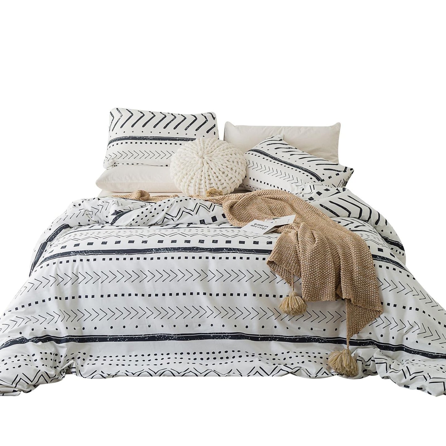 YuHeGuoJi Bohemian Aztec Duvet Cover Queen 100% Cotton 3 Pcs Set 1 Black White Striped Duvet Cover with Zipper Ties 2 Pillowcases Vintage Arrow Striped Pattern Boho Geometric Bedding Set Soft