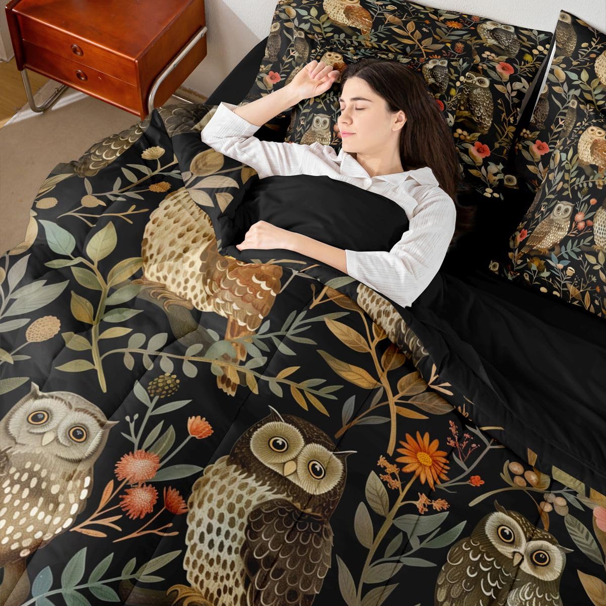 Erosebridal Kawaii Owl Queen Comforter Set 7 Pieces,Black and Brown Bed in A Bag,Wild Anima Bedding Set with Comforters, Sheets, Pillowcases Cute Bird Bedroom Decor