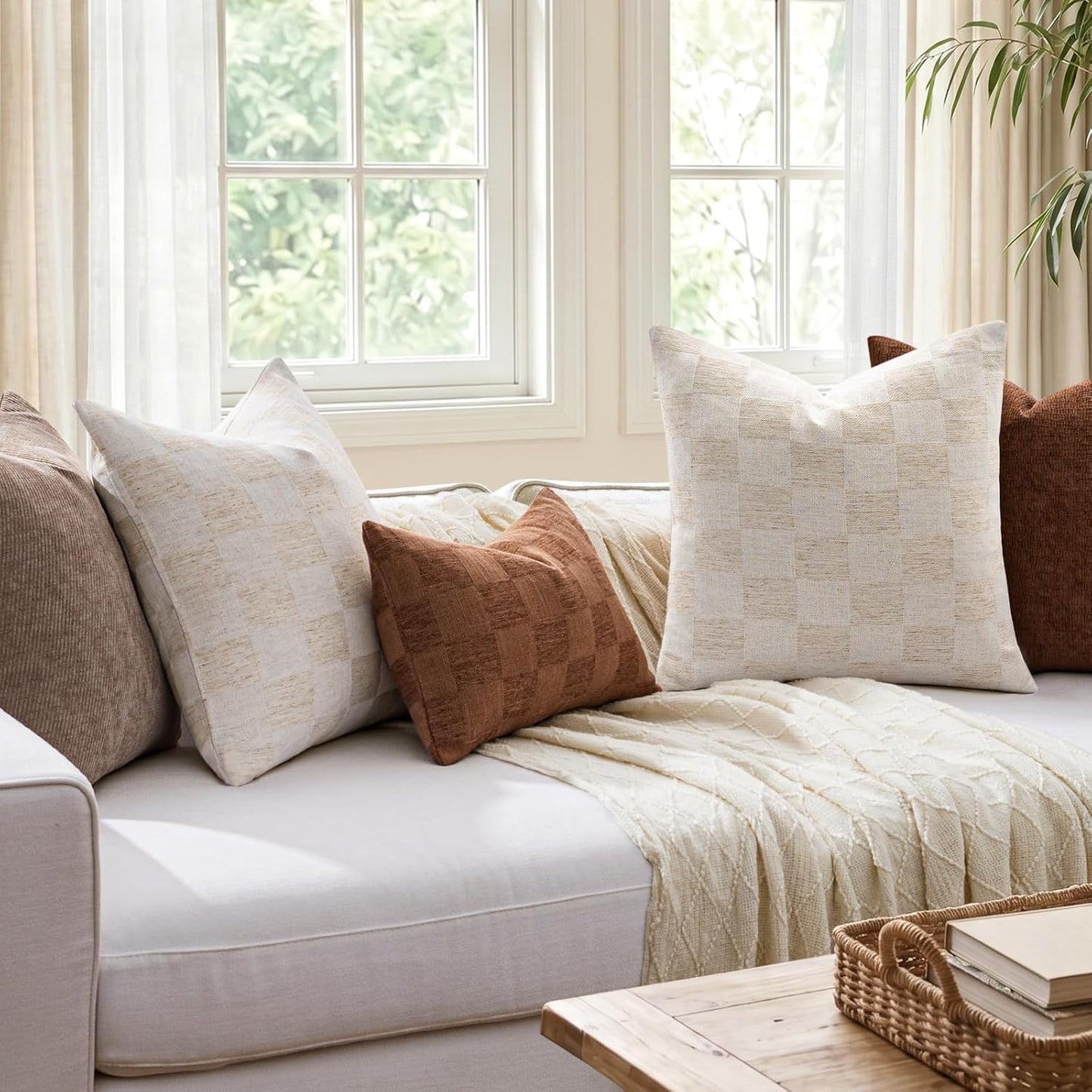 a moment Set of 2 Decorative Linen Throw Pillow Covers,Large Grid Textured Neutral Boho Farmhouse Cushion Covers,Soft Aesthetic Pillowcases for Couch Sofa Living Room Home Decor,24x24 Inch,Beige