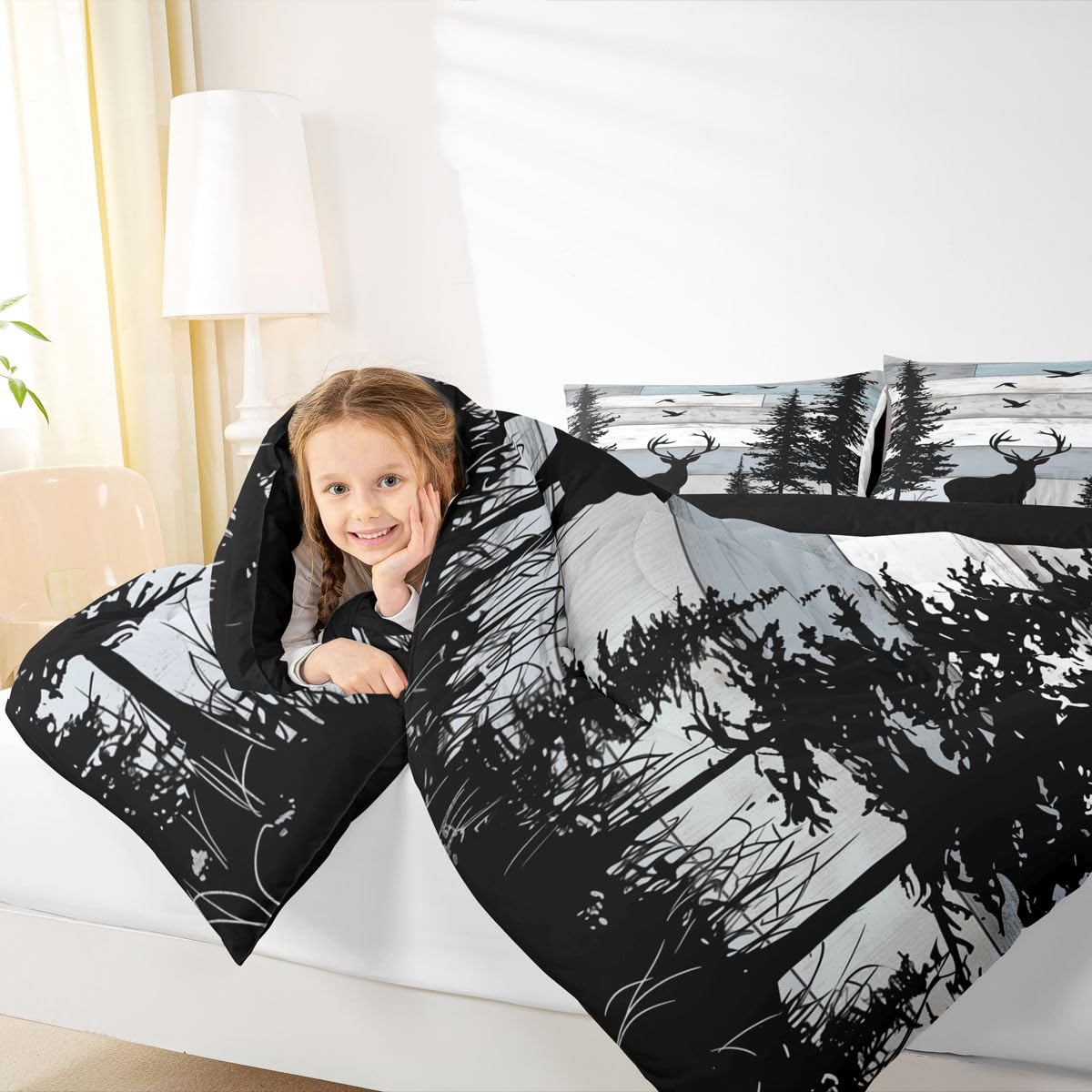 jejeloiu Deer Bedding Set Soft for Boys Girls, Rustic Cabin Country Comforter Set Queen Size Farmhouse Duvet Quilt Microfiber Wild Animal Bedroom Decor 3 Pcs with 2 Pillow Cases
