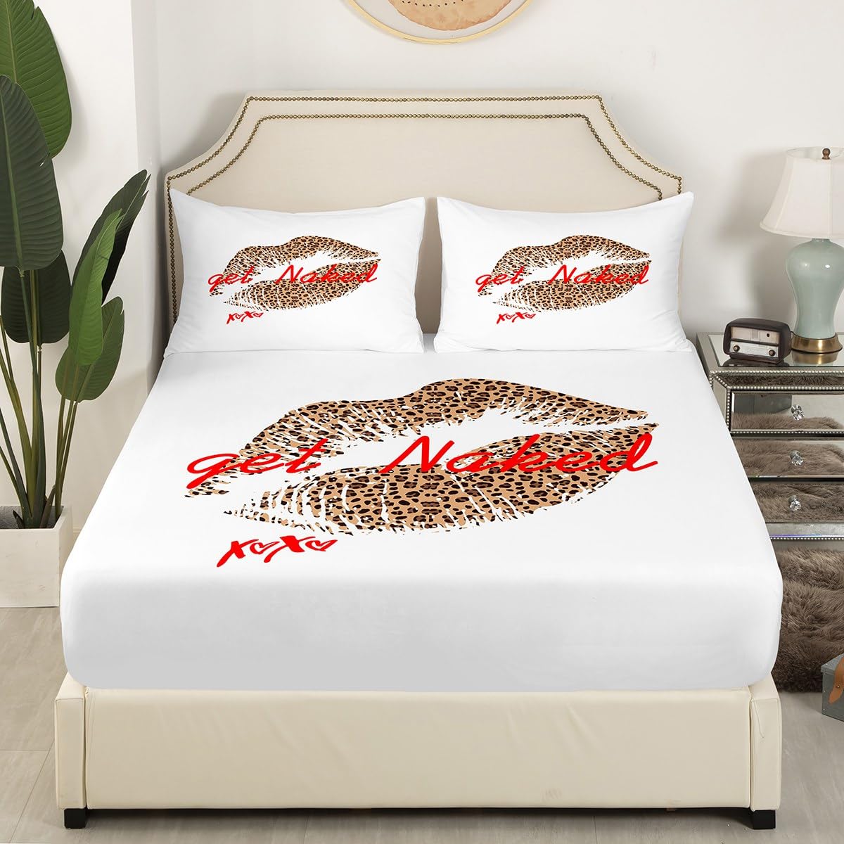 Funny Get Naked Fitted Sheet & Pillow Sham Set for Girls Lady Women Leopard Pattern Lips Bedding Set Lover Romantic Bed Sheet Set Room Decor White Red Brown Kiss Bed Cover No Flat Sheet Full Size