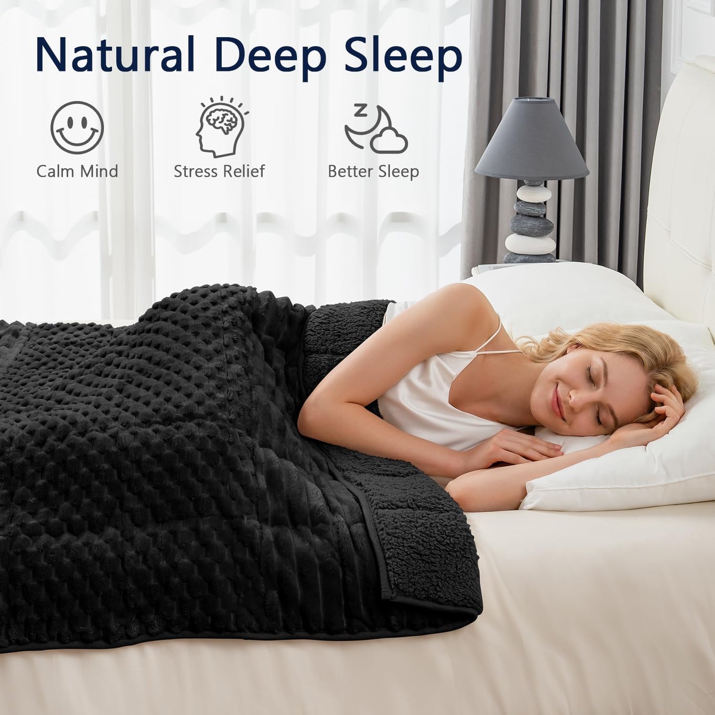 Mr. Sandman Fleece Weighted Blanket for Adults, Queen Size 15 lb, Heavy Throw Blanket with Soft Plush Jacquard and Warm Sherpa, Washable Weighted Blanket for Relaxing Sleep, 60 x 80 Inch, Black