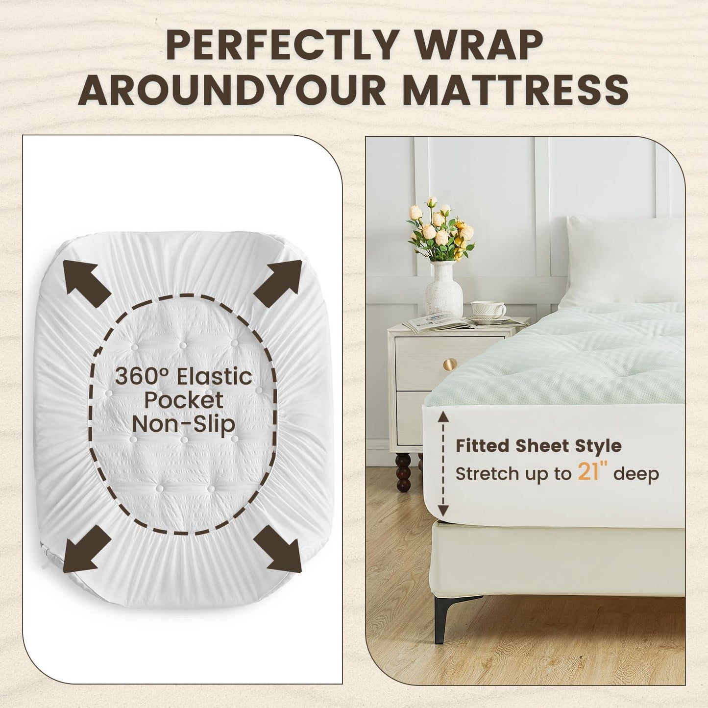 QUIETSEA Reversible Queen Mattress Topper Egg Crate Memory Foam Mattress Topper, Bamboo Viscose Mattress Pad Queen, Noiseless Waterproof Mattress Cover with Deep Pocket Stretches up to 21", 60" x 80"