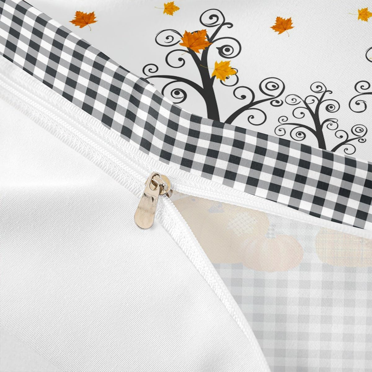 Pumpkin Autumn Duvet Cover Set King Size,Kids Adults Bedroom/Farm Halloween Decor,Black White Plaid Bedding Set,Maple Trees Fall Leaves Comforter Cover,Rustic Orange Quilt Cover,3pcs,2 Pillowcases