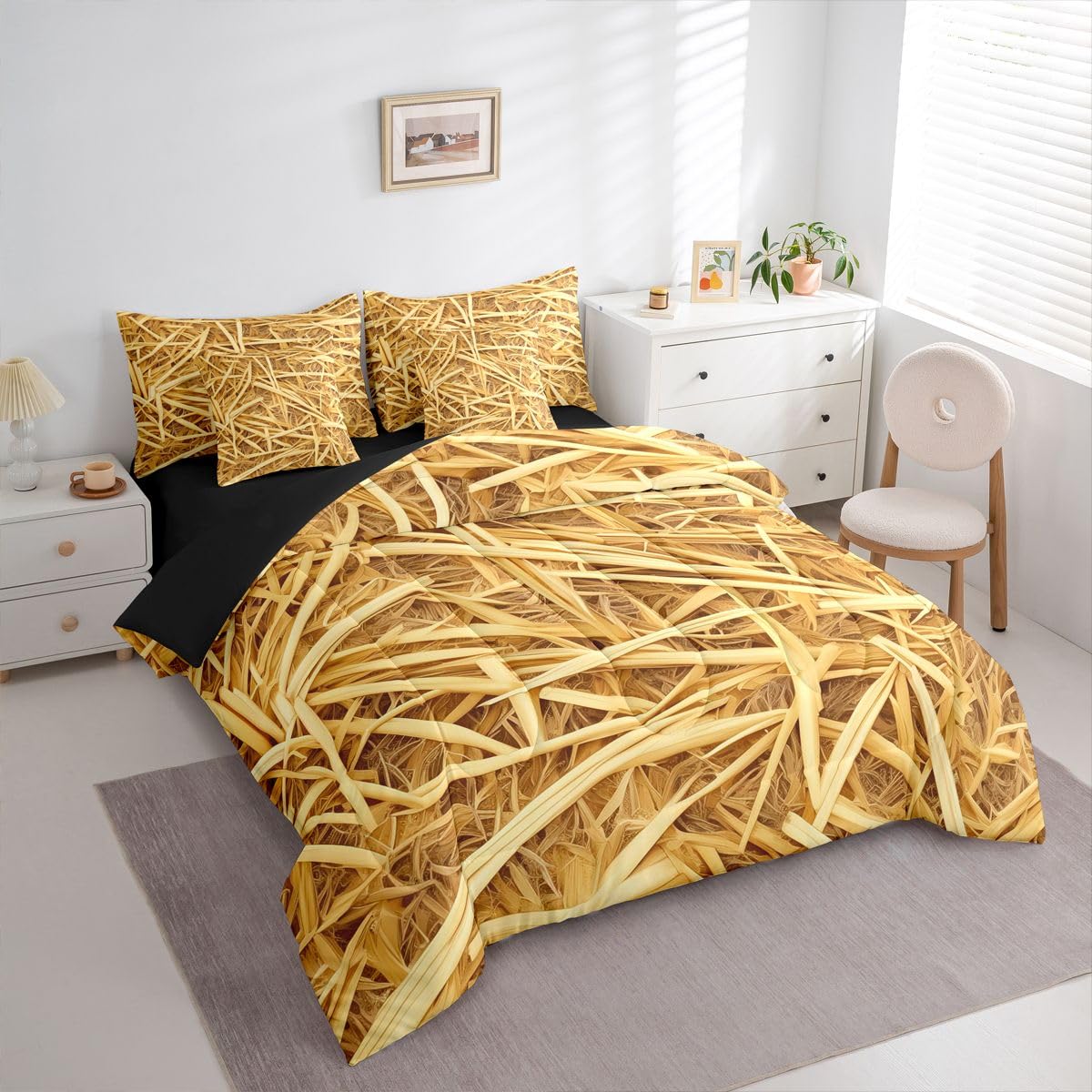 Erosebridal Straw 7 Piece Bedding Set Queen Western Farmhouse Comforter Set with Sheets Cowboy Theme Bed in A Bag Haystack Bed Sets with 2 Pillowcases, 2 Throw Pillow Covers