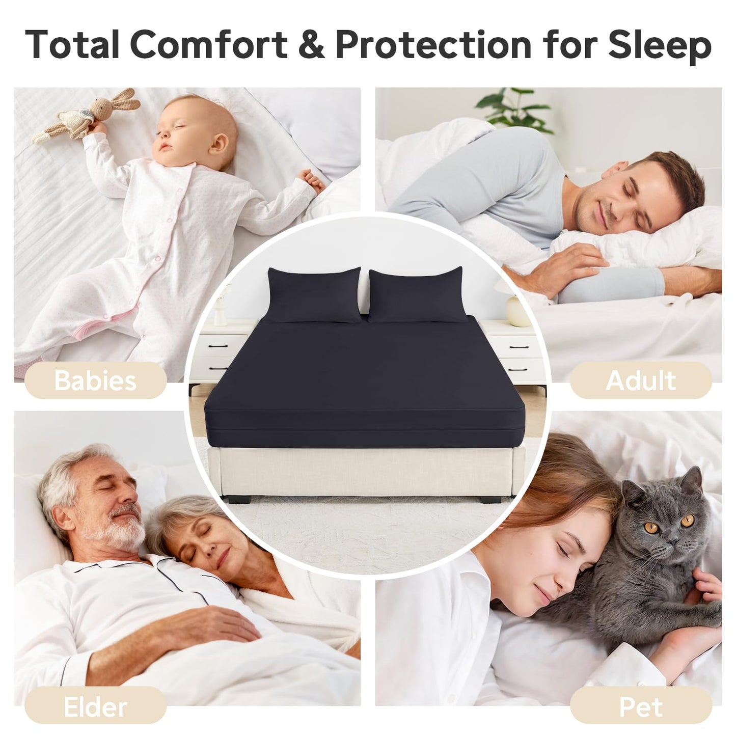 QUWOU Queen Mattress Protector(8’’-10” Depth) – Premium Six-Sided Waterproof Mattress Cover Bed Cover,Zippered Mattress Encasement for Bed, Noiseless Breathable Machine Washable,Black