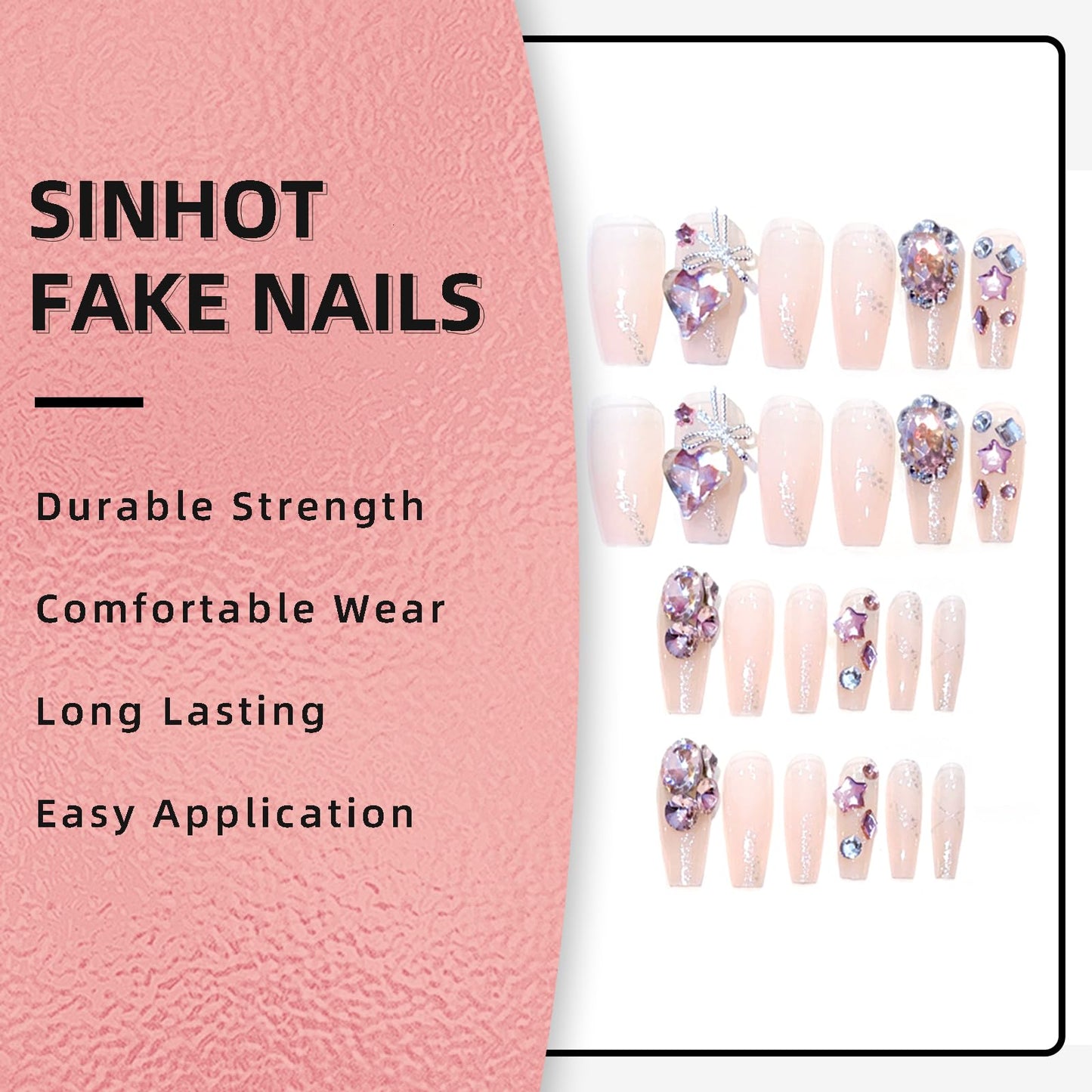 SINHOT Luxury Press on Nails - Long Coffin Fake Nails 3D Handmade Reusable False Nails with Rhinestone Designs,DIY Artificial Nail Art, 24pcs