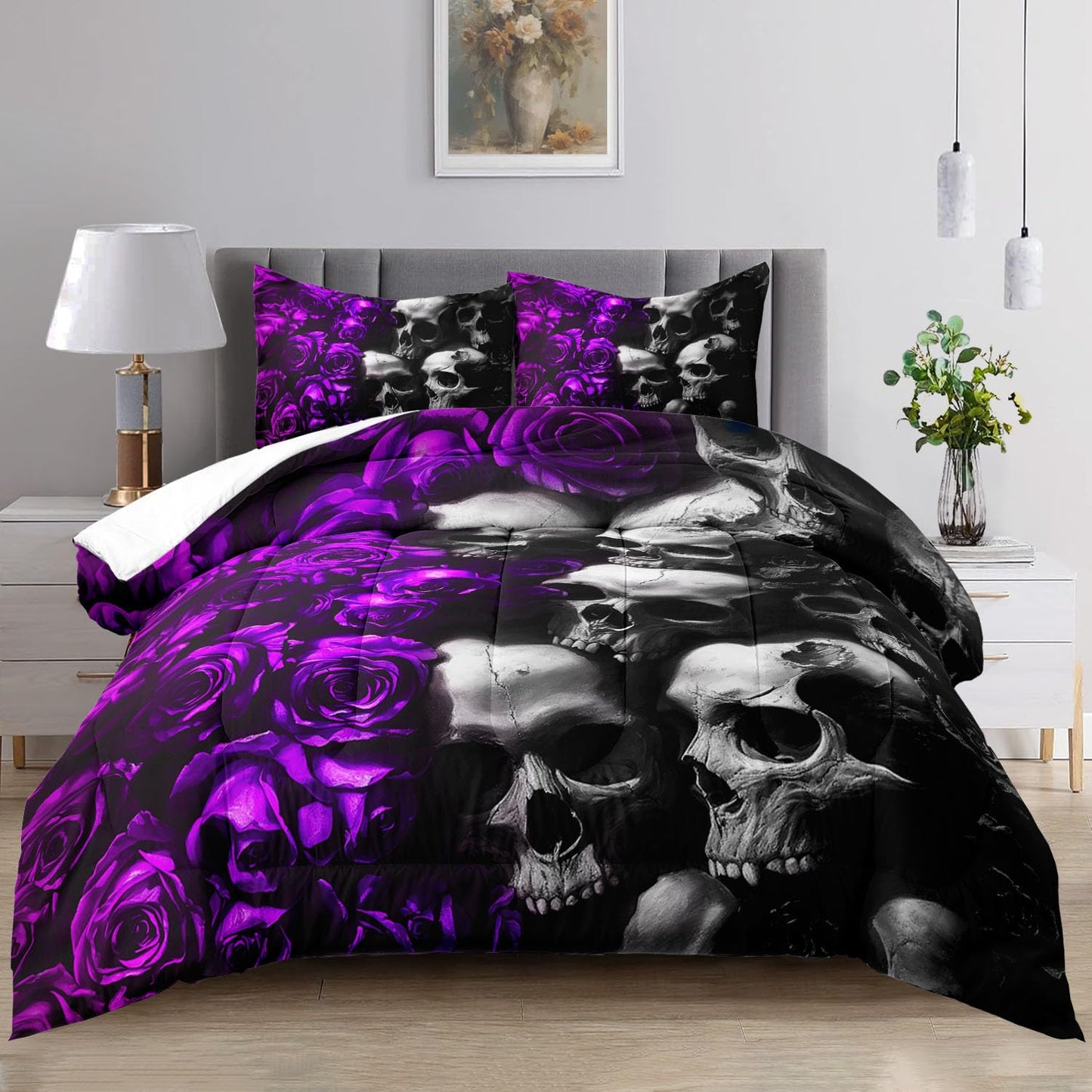 Raphus Cucullatus Gothic Black & Rose Skull Bedding Set - Queen Size Quilt, Comforter & Skeleton Pattern