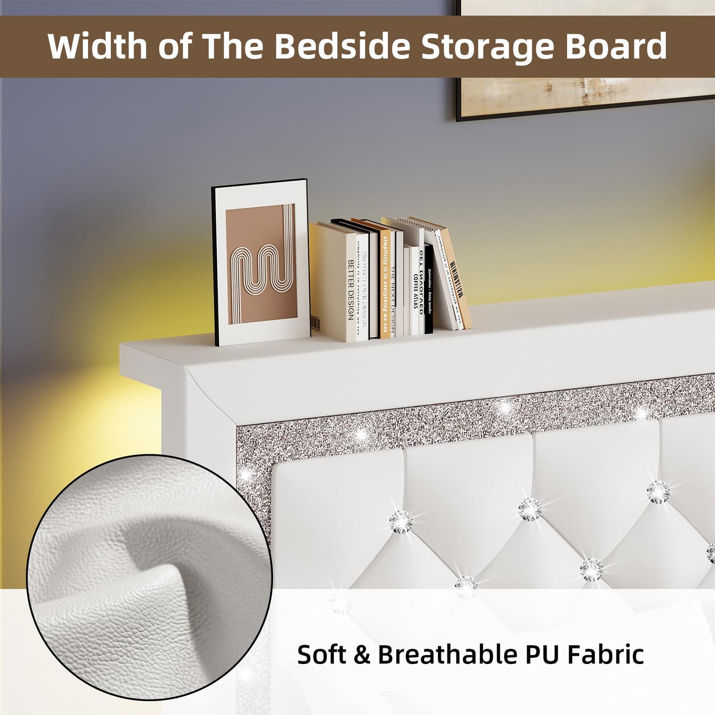 BarnFurin Queen Bed Frame with Storage Headboard, Bed Frame Queen Size with Diamond Tufted Headboard and LED Lights, Wooden Slats Support, Noise Free, No Box Spring Needed, Easy Assembly, White