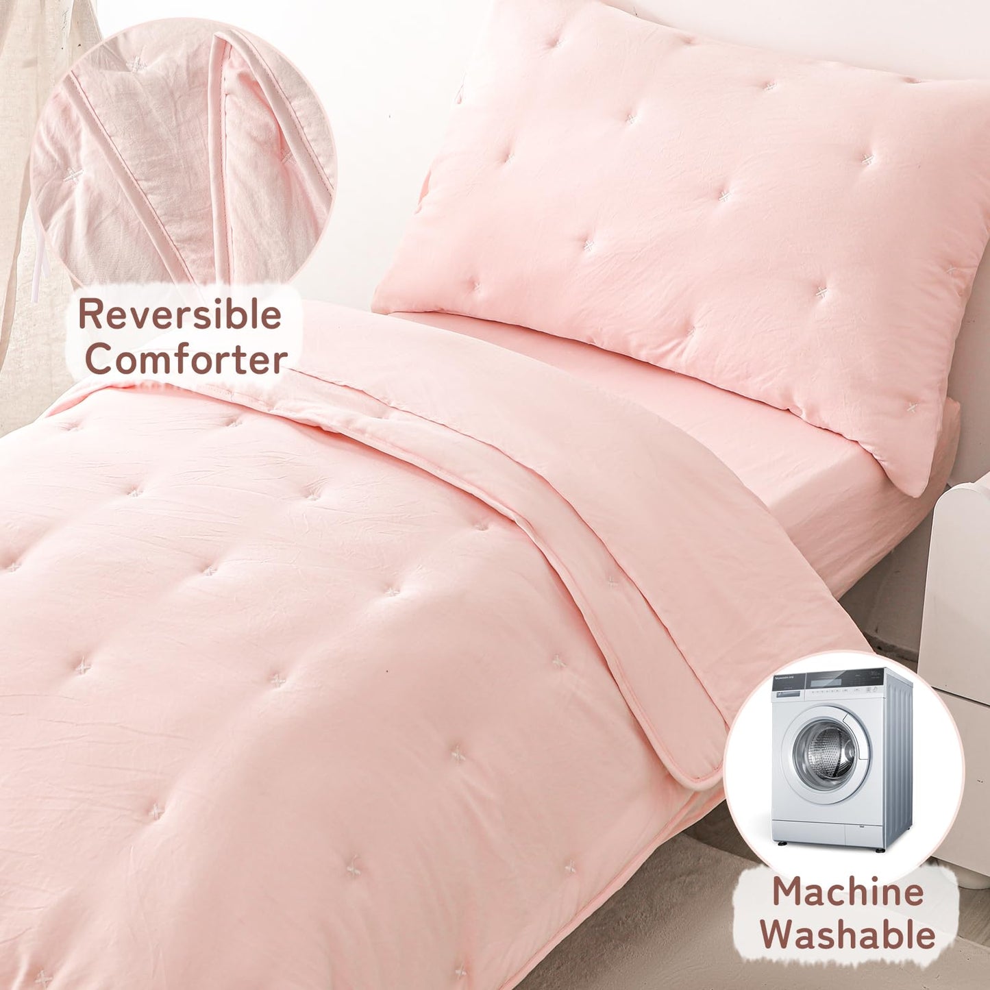 DreLunis Pink Toddler Bedding Sets for Girls, 4 Pieces Bed-in-a-Bag for Toddler Girl, Soft Microfiber Lightweight Breathable Toddler Bed Comforter with Flat Sheet, Fitted Sheet, Envelope Pillowcase