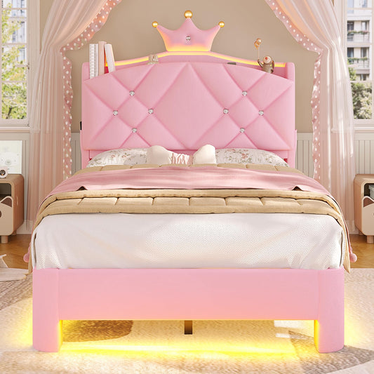 MSmask Twin Bed Frame with LED Lights, Princess Upholstered Bed with Headboard with Charging Station & Crystal Button & Crown, Velvet Platform Bed for Girls, Solid Wood Slats, Curved Legs, Pink