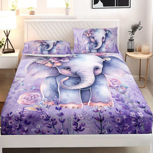 AILONEN Cute Elephant Fitted Sheet Set Twin XL Size for Girls,Lavender Purple Kawaii Kids Bedding Set,Lovely Animal Flower Bed Sheet with 2 Pillowcases,3 Pieces