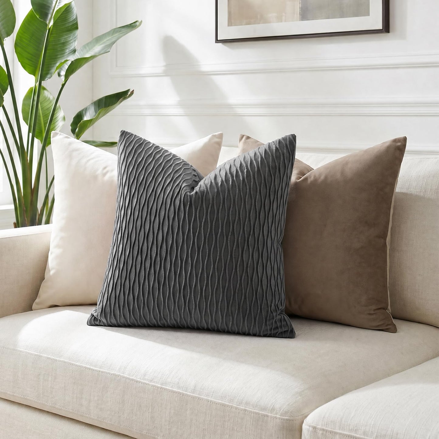 DEZENE Grey Vertical Ripple Striped Decorative Pillow Cases: Pack of 2 18x18 Inch Velvet Square Throw Pillow Covers for Farmhouse Couch Sofa Bed Living Room Home Decor
