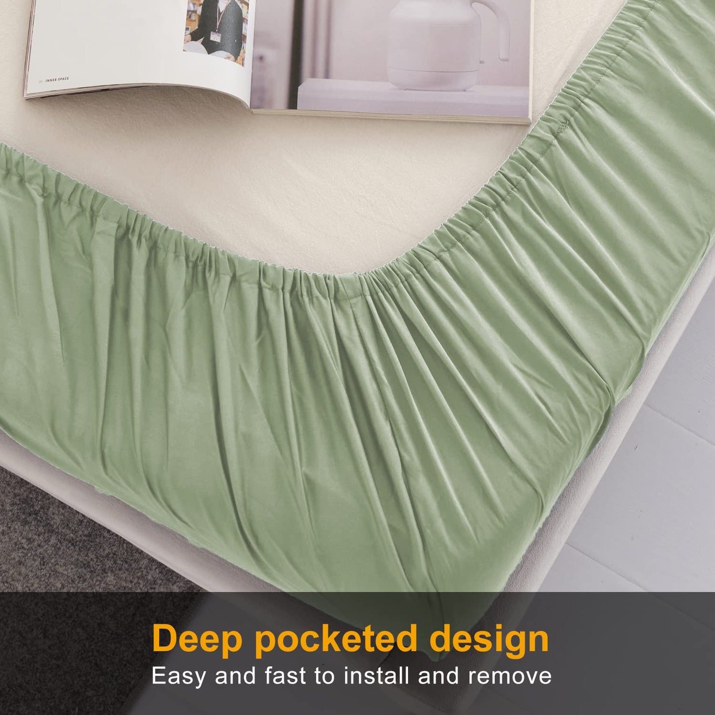 MILDLY Deep Pocket Fitted Sheet Only Queen Size 60"x80" 100% Long Staple Cotton Tea Green Breathable Bottom Sheet Fits Up to 14" Deep Mattress