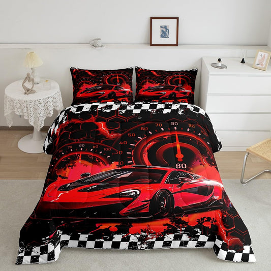 Feelyou Kids Red Race Car Comforter Twin Size, Speed Sports Car Comforter Set Boys Girls Racing Car Bedding Set Extreme Sports Teens Duvet Set Bedroom Decor Bed Set 2Pcs