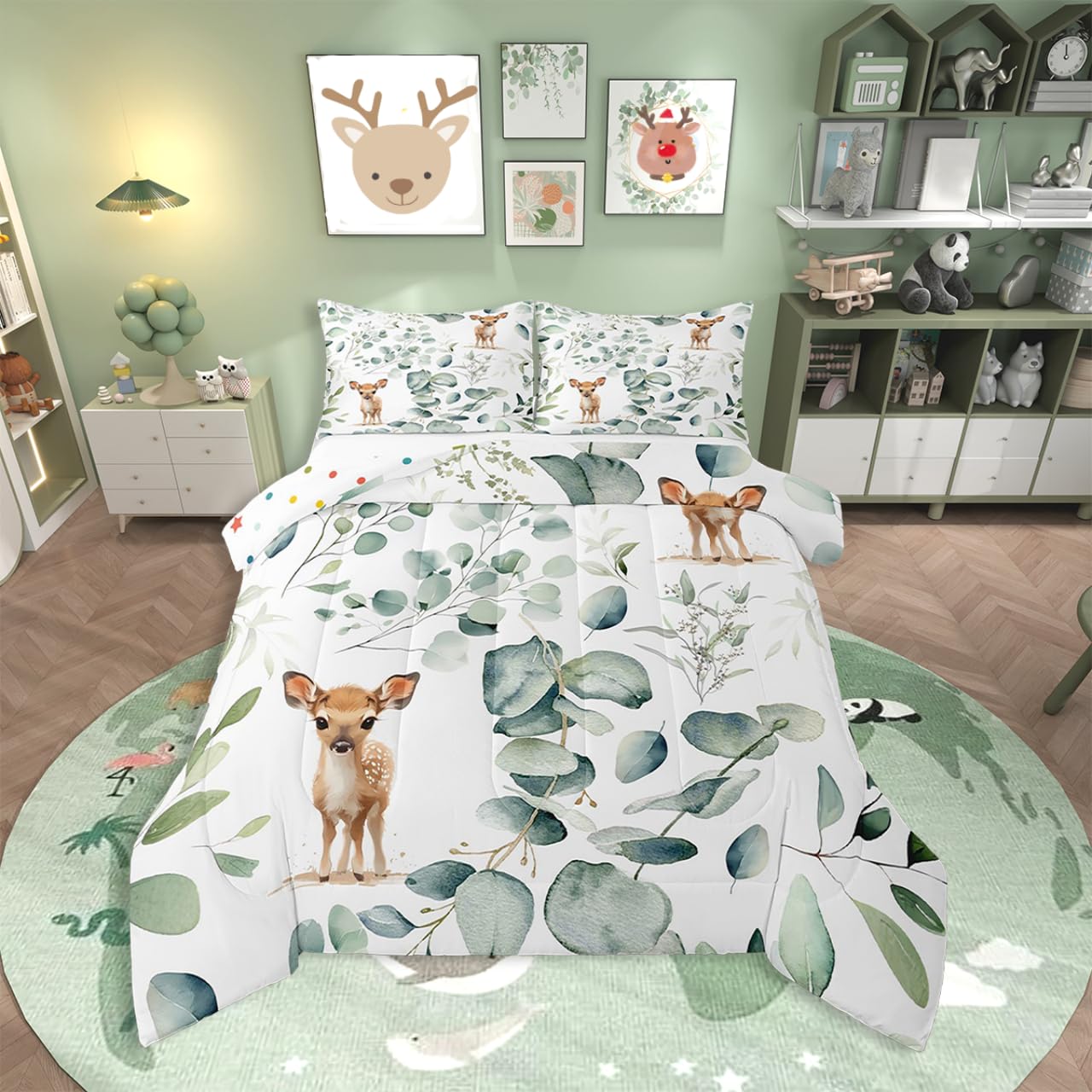 Erosebridal Cartoon Deer Twin Size Comforter Set Toddler Woodland Wildlife Bedding Set, Spring Plant Down Comforter Eucalyptus Leaf Bed Set, Jungle Animal Theme Quilted Duvet Kids Room Decor