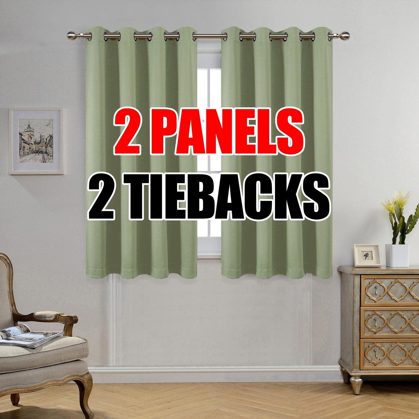 MIUCO 1 Pair Thermal Insulated Grommet 52-Inch-by-63-Inch Blackout Window Curtain Panels with 2 Tie Backs, Sage