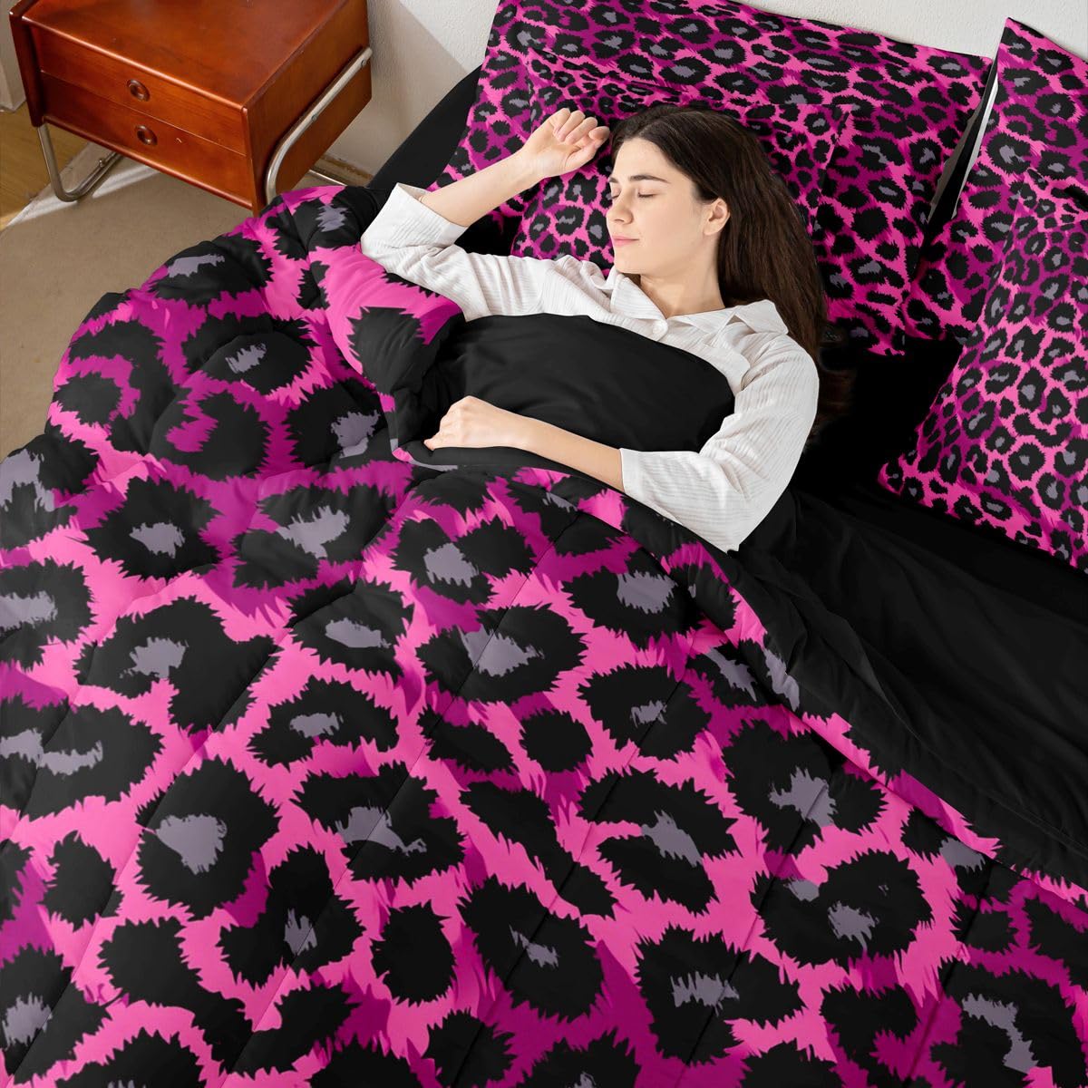 Erosebridal 7 Pcs Comforter Set King Size, Leopard Print Wild Animal Bedding Set for Kids and Adults, African Cheetah Wildlife Bed Sheet Sets with Fitted Sheet Pillowcases & Shams, Hot Pink Black