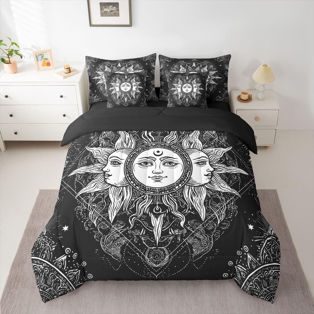 Erosebridal Bohemian Black and White Bed in a Bag Queen Comforter Set 7-Piece | Sun and Moon Bedding Sets Boho Floral Paisley Damask Comforter and Sheet Set, Tribe Exotic Mandala Room Decor
