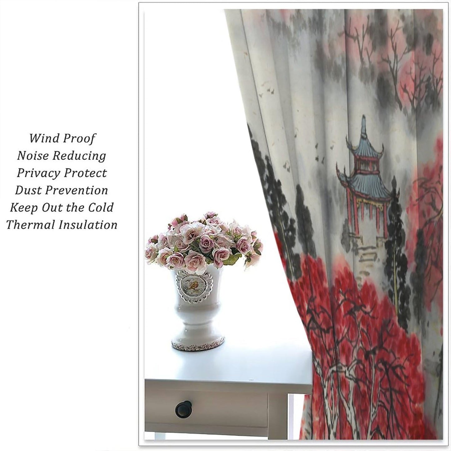 Asian Curtain Red Cherry Blossom Japanese Flower Branch Koi Oriental Chinese Ancient Ink Landscape Wind Printing Curtain for Kitchen Bedroom Living Room Blackout Curtain 42x45 Inch 2 Panels