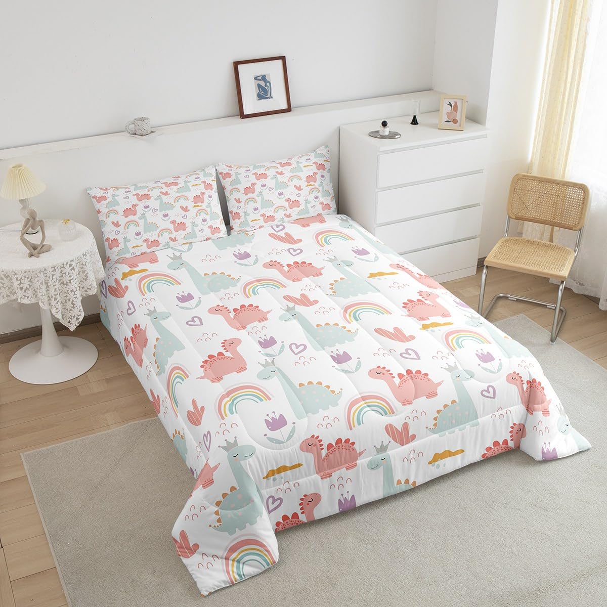 Feelyou Cartoon Dino Comforter Set Full, Pink Green Dinosaur Comforter Cute Jungle Dino Comforter Set for Kids Boys Girls Cute Rainbow Duvet Set Microfiber Quilt Set