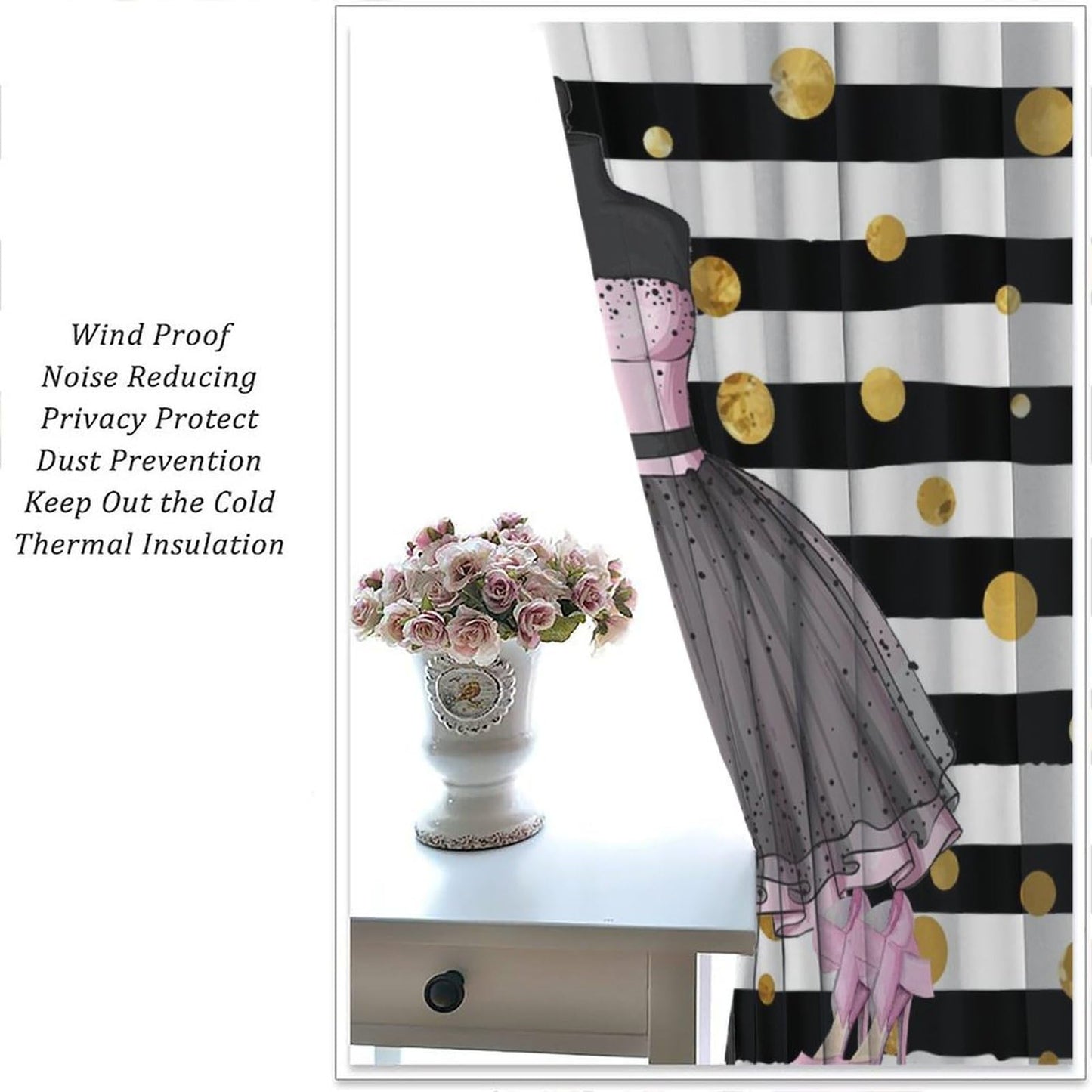 Girly Dresses Decor Window Curtain Pink Floral Girls Women Fashion Makeup Black And White Stripe Perfume Bottles High Heels for Home Kitchen Restaurant Decoration Window Curtain 2Panel 42"W X 45"L