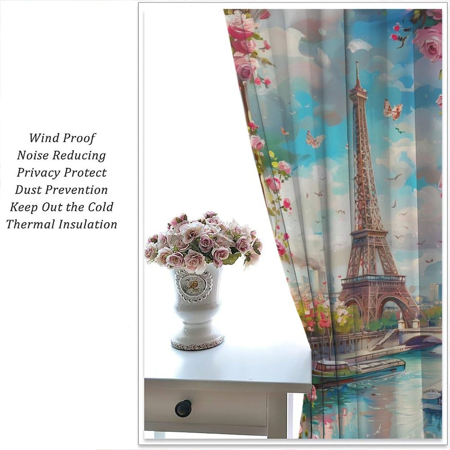 AAVEUP Eiffel Tower Curtains for Girls,Dreamy Pink Flower River Paris European Cityscape Oil Painting Window Treatments for Kids Room Women Bedroom Living Room 41x44.5in