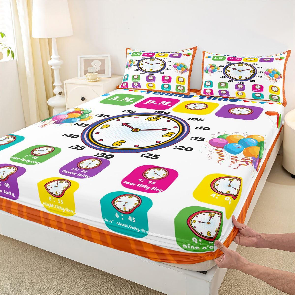 Educational Fitted Sheet Twin, Time Learning Bedding Set for Kids Boys Girls - Lightweight Bed Cover (No Flat Sheet)