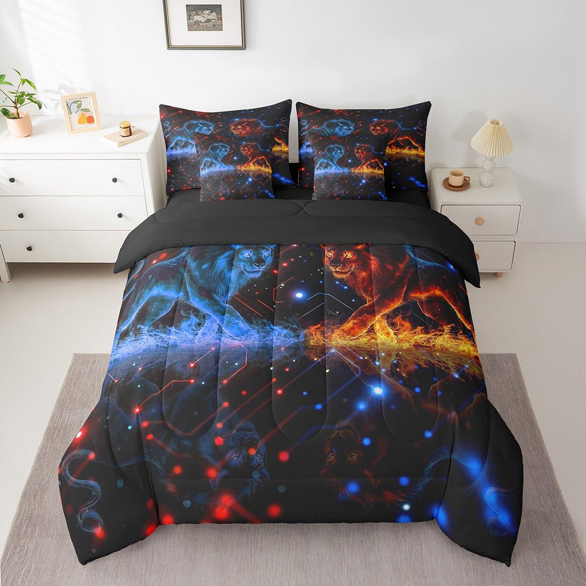 Lion Bed Set Wild Animal 7 Pieces Bedding Set for Kids Safari Print Bed in a Bag with Comforter, Sheets, Pillowcases Women Men Ultra Soft Decor Dot All Season Breathable Lightweight Twin Size