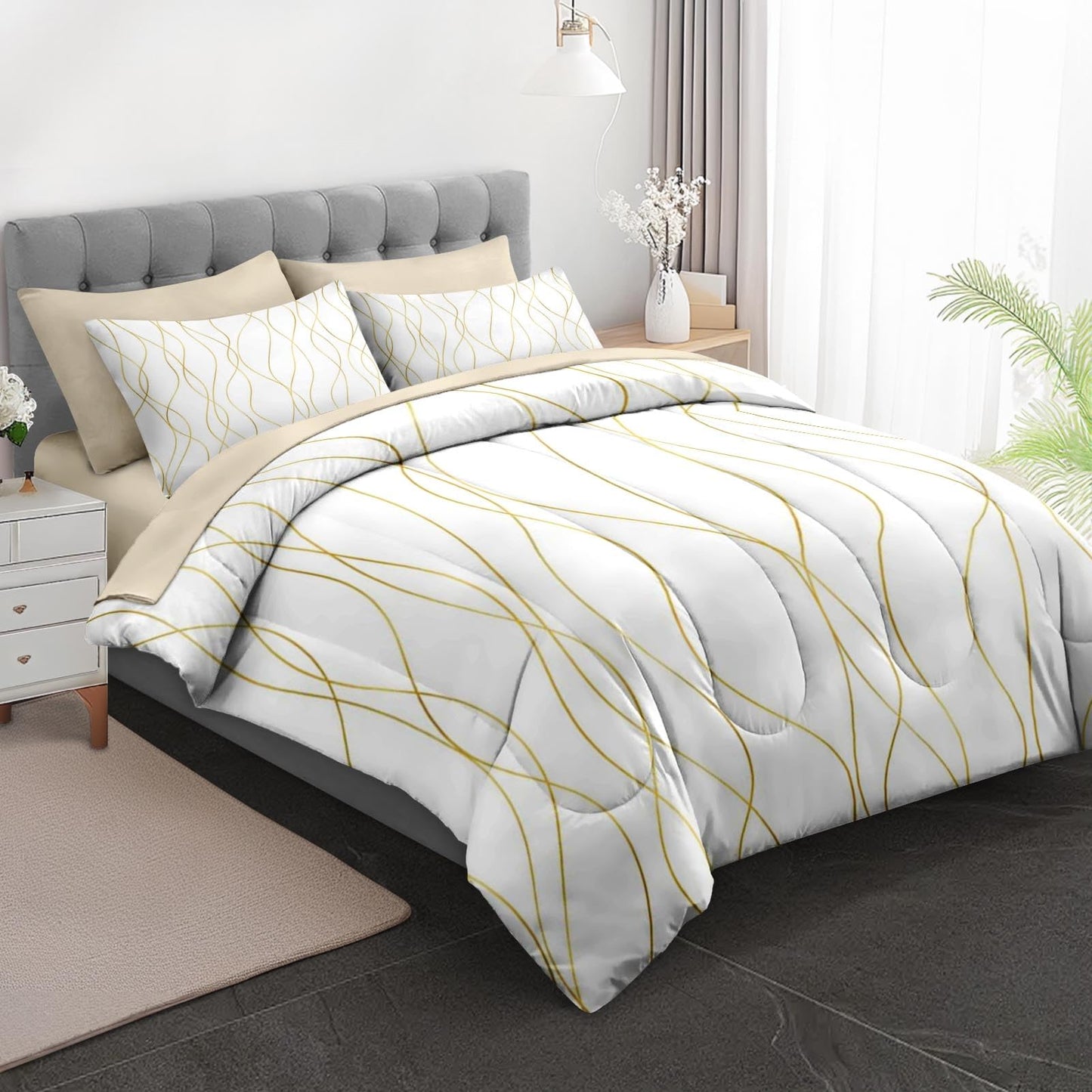 Boewywh Comforter Set Twin Size Gold Abstract Modern 7 Pcs, Bedding for Kids and Adults, Bed Sheet Sets with Fitted Sheet 2 Pillowcases & 2 Shams for Bedroom Bed Decor