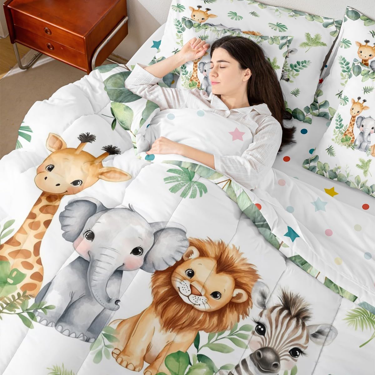 Erosebridal Jungle Animal Twin Size Comforter Set with Sheets | Giraffe Elephant 7-Piece Bedding Set Green Botanical Eucalyptus Palm Leaves Bed in a Bag Zebra Lion Safari Animal Bed Quilt Sets