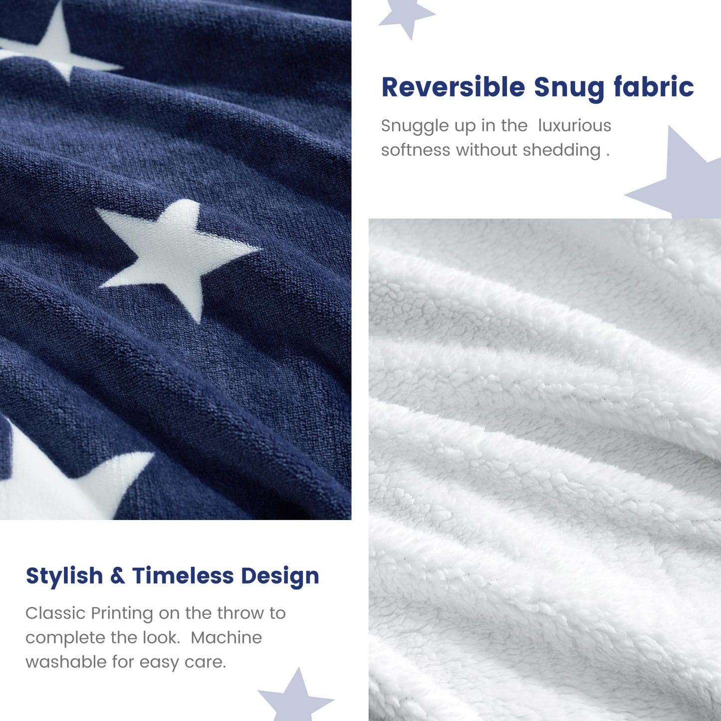 Cozy Bliss Patriotic Throw Blanket for Couch, Luxury Reversible Sherpa Throw with Star Design, Thick Warm Cozy Soft Blanket for Sofa, Bed, Home Decor and Gifts, Navy Blue, 60" x 80"