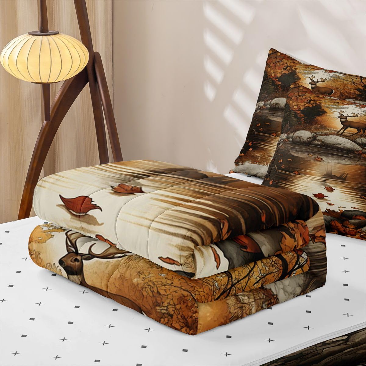 jejeloiu Deer Zipper Bedding Twin Hunting Wildlife Zipper Bedding Sets for Kids Boys Girls Autumn Pond Comforter Set with Fitted Sheet and 2 Pillowcases Rustic Bedroom Decor