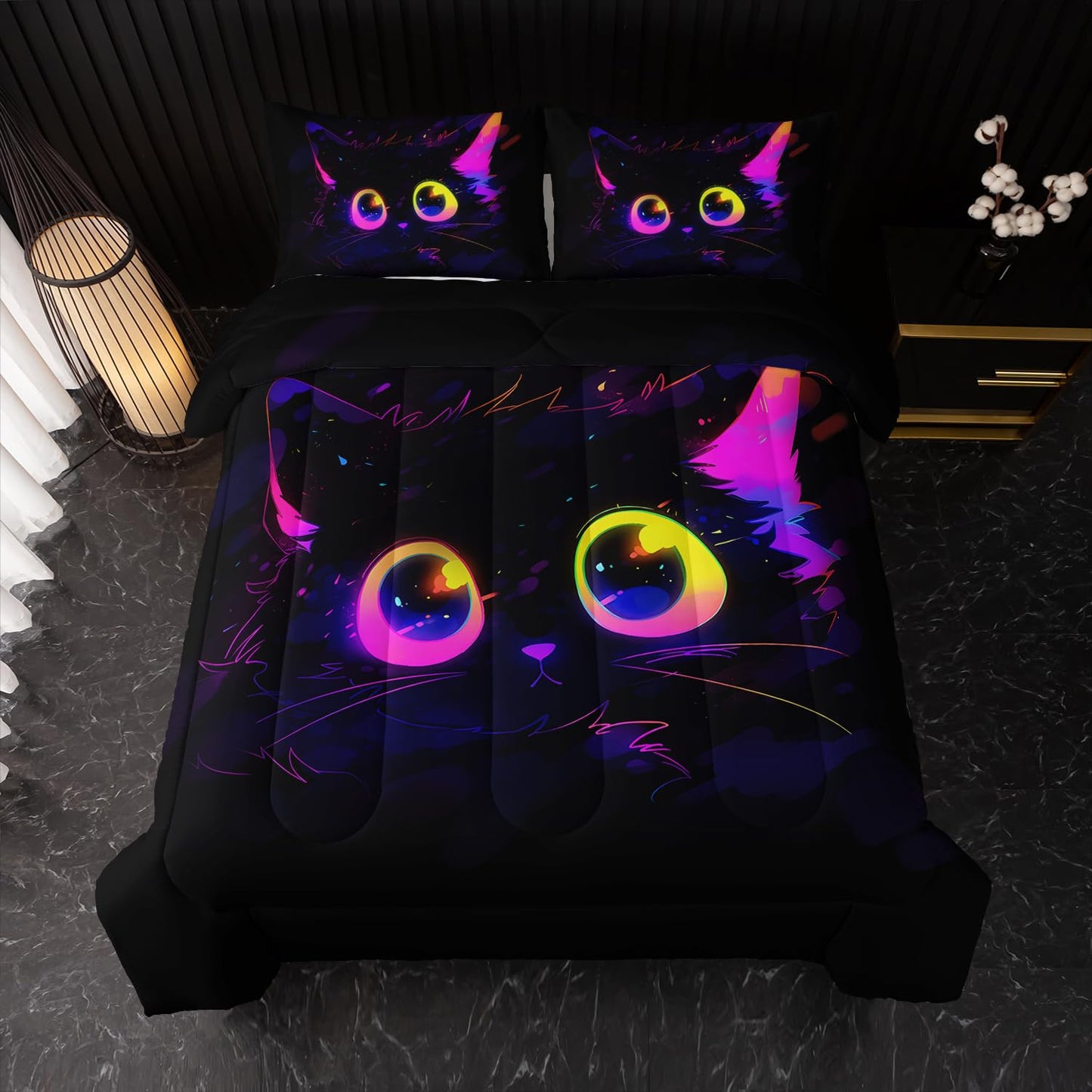 Nttopship Cute Cat Kids Comforter Set Twin Size 3pcs Black in Dark 3D Digital Animals Printed Pattern Comforter Set for Kids Boys Girls Adults Animal Print Room Decor with 2 Pillowcases
