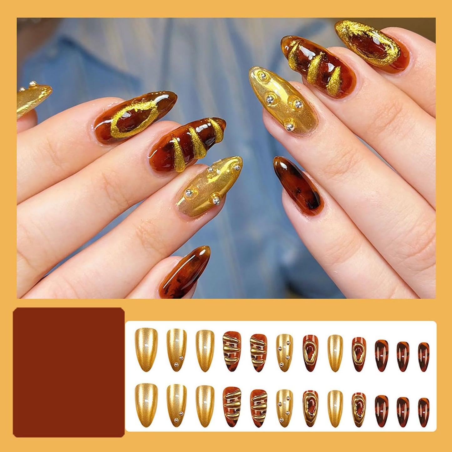 RUOKEXIN Almond Press on Nails Medium Fake Nails Gold False Nails with 3D Designs Spring Summer Nail Press ons Sparkly Artificial Nails for Women 24Pcs