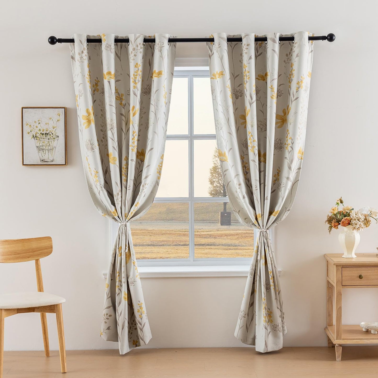 SUOUO Yellow Floral Blackout Curtains for Bedroom 84 inches Long Patterned Grey Leaf Thermal Insulated Window Drapes for Living Room 2 Panels