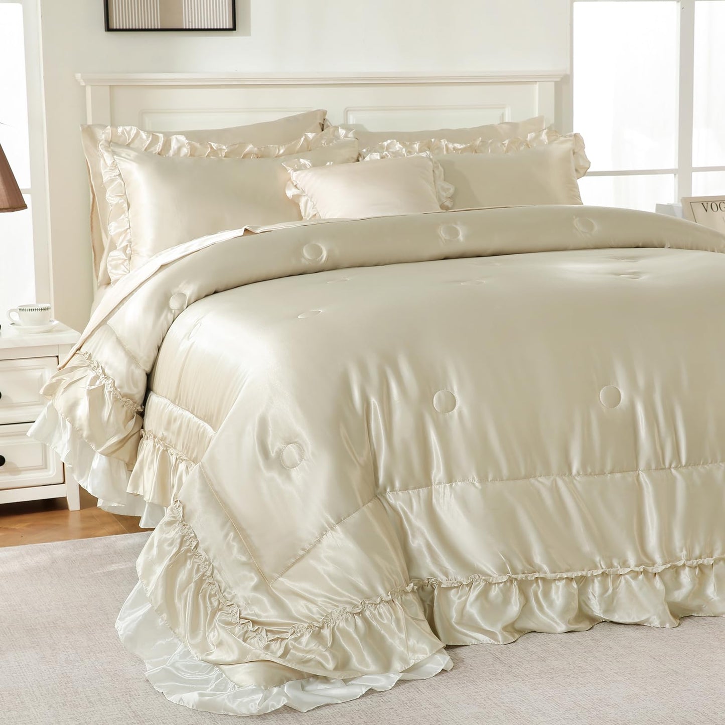 Bedbay Satin King Size Comforter Set with Sheets,Shabby Ruffled Bed Comforter 8 Pcs,Elegant Ruffle Room Decor Aesthetic Comforter King Bed in a Bag Set,Silk Like Satin Luxury Silky Bed Set