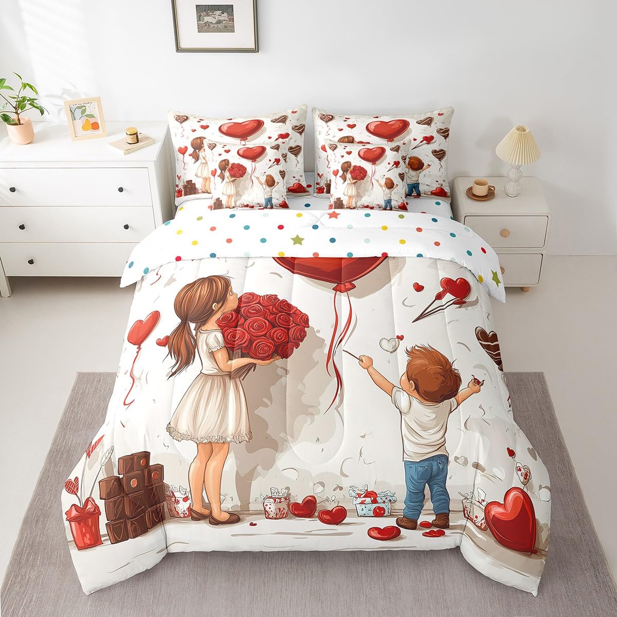 Erosebridal Valentine's Day Roses Bed in A Bag Full Size,Chocolate Balloon Kids Comforter Set Romantic Flowers Couple 7 Piece Bedding Set for Teen Boys Girls,Graffiti Wall Bed Set