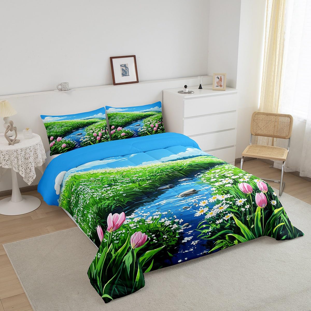 jejeloiu Cute Anime Floral Bedding Set 2Pcs Twin Size Kids Tulip Floral Comforter Set for Boys Girls Flower River Duvet Quilt Soft Lightweight,Microfiber