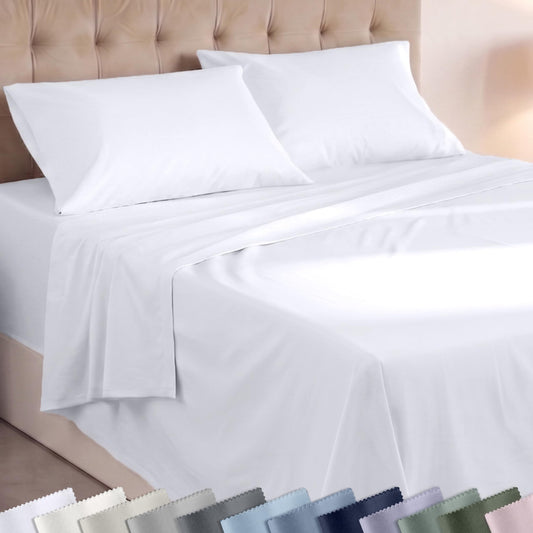 Super Soft 100% Cotton Queen Sheet Set - 4 Pcs - Durable Sheets, Deep Pockets, Easy Fit, Lightweight & Breathable, Suitable For Hot Sleepers & All Seasons, Minimal Wrinkles - White