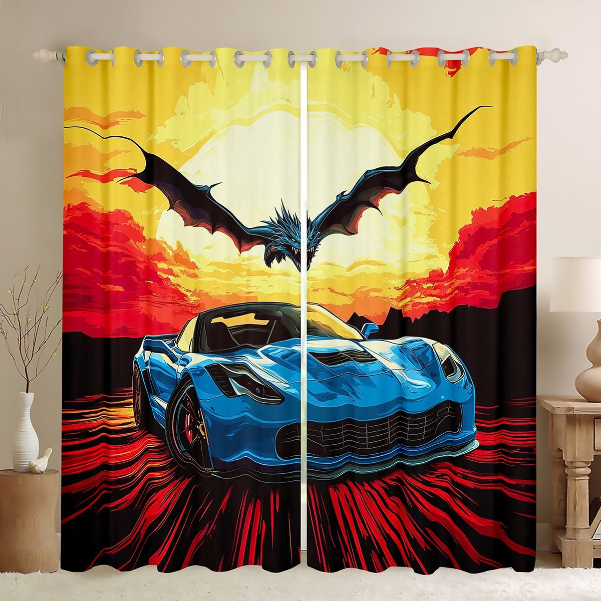 Feelyou Kids Race Car Blackout Curtains Speed Sports Car Window Curtains Racing Car Darkening Drapes Boys Girls Extreme Sports Teens Window Treatments Bedroom Decor (2 Panels, 42 x 63 Inch)