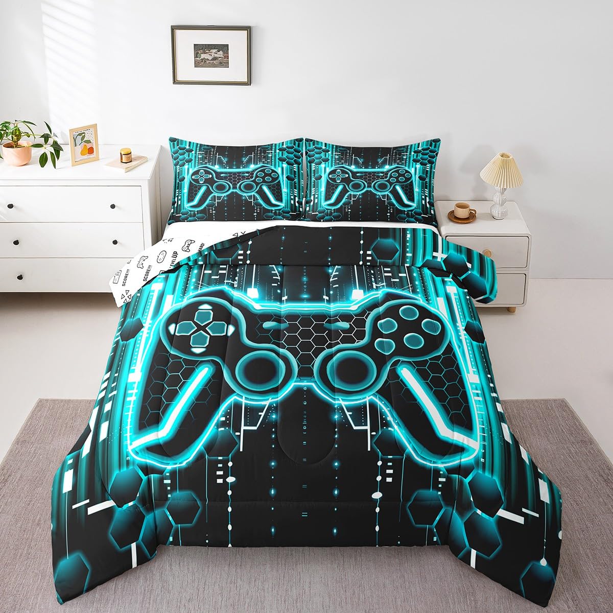 Feelyou Kids Light Blue Black Gamer Comforter Set Full Size, Gaming Comforter Boys Girls Game Bedding Set Gamepad Teens Duvet Set Bedroom Decor with 2 Pillow Case